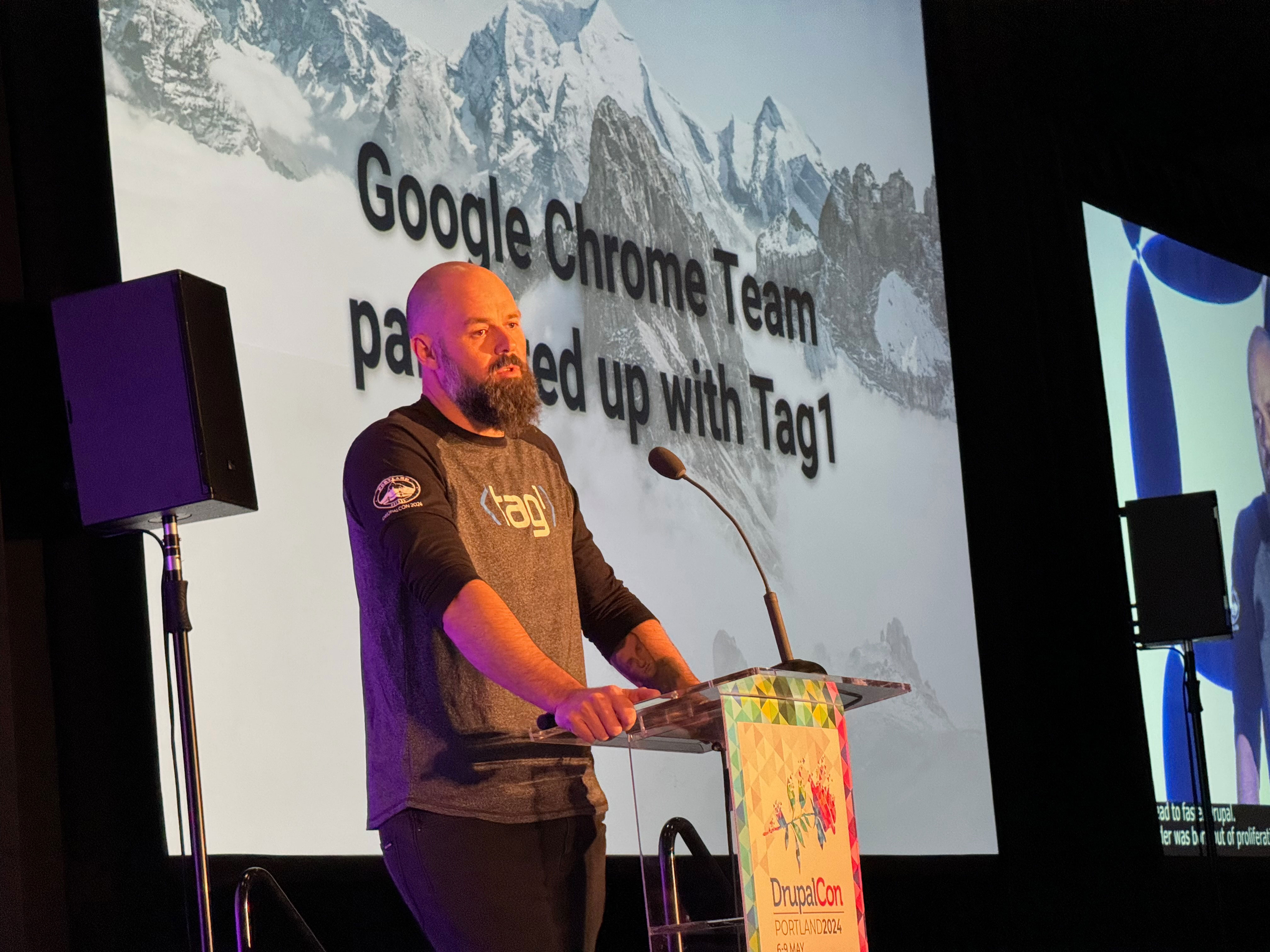 Janez Urevc presents Gander, a joint venture with Google Chrome Team, during the Initiatives Keynote at DrupalCon Portland